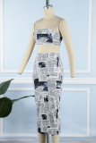 Gray White Sexy Print Patchwork Strapless Sleeveless Two Pieces