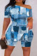 The cowboy blue Casual Print Patchwork Slit Oblique Collar Plus Size Two Pieces