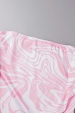 Pink Sexy Print Backless Off the Shoulder Long Sleeve Two Pieces