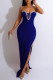 Colorful Blue Sexy Solid Patchwork Slit Hot Drill Strapless Long Dress Dresses