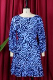 Blue Casual Print Patchwork O Neck Pleated Dresses