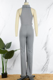 Grey Sexy Solid Patchwork Asymmetrical Turtleneck Sleeveless Two Pieces