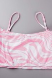 Pink Sexy Print Backless Off the Shoulder Long Sleeve Two Pieces