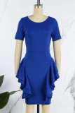 Blue Elegant Solid Patchwork Flounce O Neck Pencil Skirt Dresses(Without Belt)