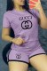 Purple Casual Print Letter O Neck Short Sleeve Two Pieces