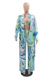 Rose Red Casual Print Cardigan Vests Pants Turndown Collar Long Sleeve Three Piece Set