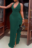 Green Sexy Solid Patchwork Flounce Asymmetrical V Neck Evening Dress Dresses