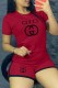 Red Casual Print Letter O Neck Short Sleeve Two Pieces