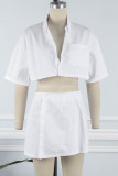 White Sexy Casual Solid Patchwork Turndown Collar Half Sleeve Two Pieces