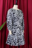 Black White Casual Print Patchwork O Neck Pleated Dresses