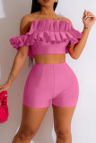 Pink Sexy Solid Patchwork Fold Off the Shoulder Short Sleeve Two Pieces