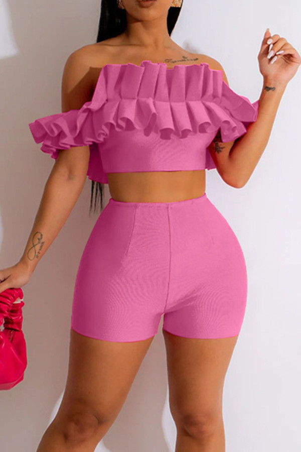 Pink Sexy Solid Patchwork Fold Off the Shoulder Short Sleeve Two Pieces