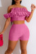 Pink Sexy Solid Patchwork Fold Off the Shoulder Short Sleeve Two Pieces