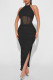 Black Sexy Solid Patchwork Slit Fold Halter Pencil Skirt Dresses