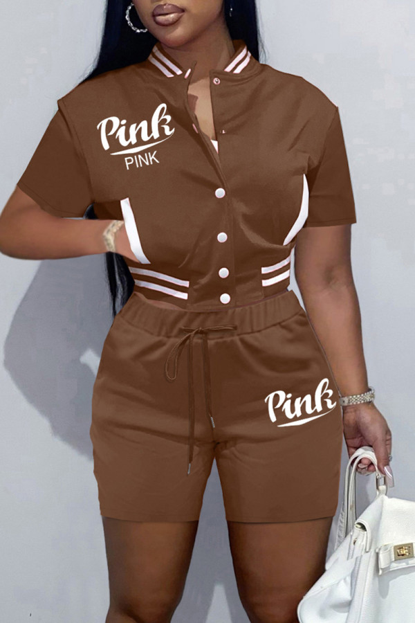 Coffee Casual Letter Print Patchwork Short Sleeve Two Pieces