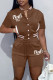 Coffee Casual Letter Print Patchwork Short Sleeve Two Pieces
