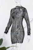 Black Sexy Patchwork Hot Drilling See-through Half A Turtleneck Long Sleeve Dresses