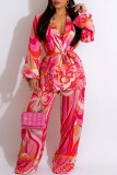 Rose Red Casual Print Cardigan Vests Pants Turndown Collar Long Sleeve Three Piece Set