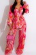 Rose Red Casual Print Cardigan Vests Pants Turndown Collar Long Sleeve Three Piece Set