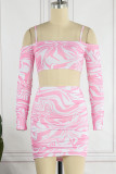 Pink Sexy Print Backless Off the Shoulder Long Sleeve Two Pieces