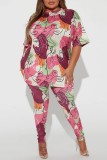 Pink Casual Print Basic O Neck Half Sleeve Two Pieces
