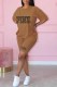 Khaki Casual Print Letter O Neck Short Sleeve Two Pieces