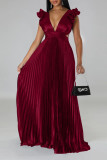 Pink Sexy Solid Patchwork Backless Fold V Neck Straight Dresses