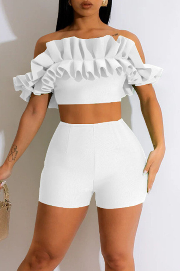 White Sexy Solid Patchwork Fold Off the Shoulder Short Sleeve Two Pieces