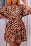 Brown Casual Print Patchwork O Neck Pleated Dresses