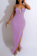 Light Purple Sexy Solid Patchwork Slit Hot Drill Strapless Long Dress Dresses