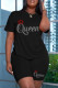 Black Casual Letter Hot Drilling Patchwork O Neck Short Sleeve Two Pieces