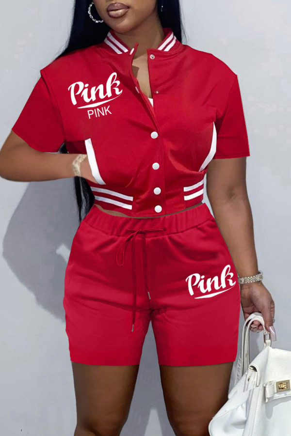 Red Casual Letter Print Patchwork Short Sleeve Two Pieces