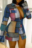 Blue Casual Print Patchwork Turndown Collar Shirt Dress Dresses