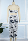 Gray White Sexy Print Patchwork Strapless Sleeveless Two Pieces
