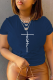 Navy Blue Street Vintage Print Patchwork O Neck T-Shirts