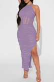 Pink Sexy Solid Patchwork Slit Fold Halter Pencil Skirt Dresses