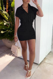 White Casual Solid Patchwork Zipper Collar Short Sleeve Dress