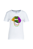 White Casual Street Lips Printed Patchwork O Neck Plus Size Tops