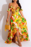 Bare Color Sexy Casual Print Backless Asymmetrical V Neck One Step Skirt Dresses