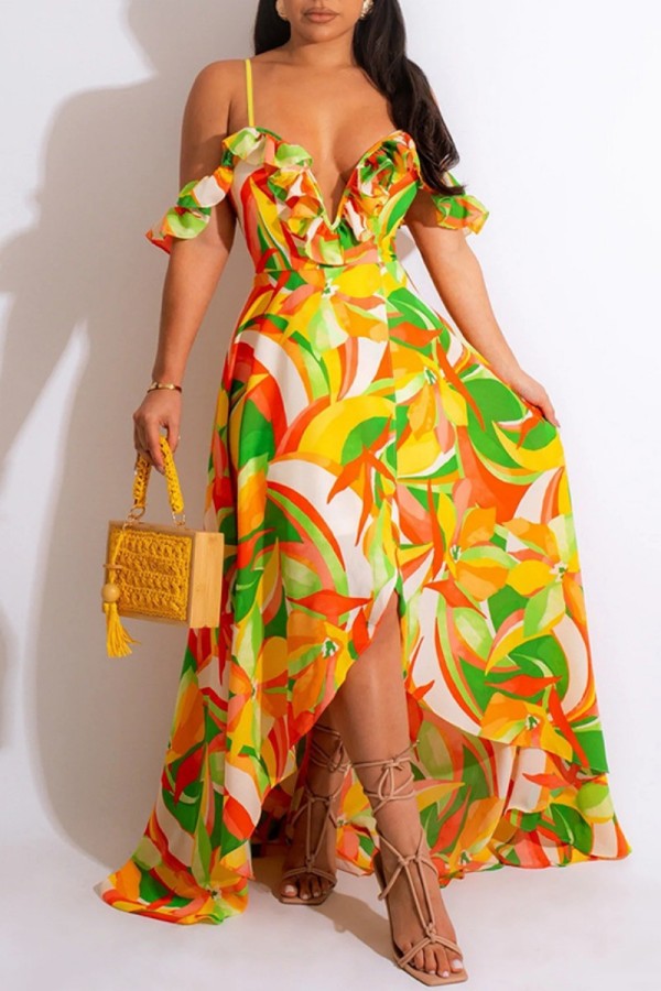 Yellow Sexy Casual Print Backless Asymmetrical V Neck One Step Skirt Dresses