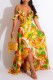Yellow Sexy Casual Print Backless Asymmetrical V Neck One Step Skirt Dresses