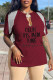 Burgundy Casual Print Tassel Patchwork V Neck T-Shirts
