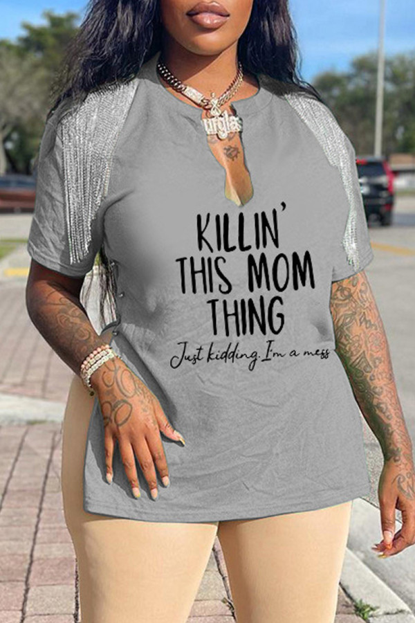 Grey Casual Print Tassel Patchwork V Neck T-Shirts