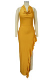 Gold Sexy Solid Patchwork Flounce Asymmetrical V Neck Evening Dress Dresses