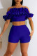 Colorful Blue Sexy Solid Patchwork Fold Off the Shoulder Short Sleeve Two Pieces