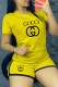 Yellow Casual Print Letter O Neck Short Sleeve Two Pieces