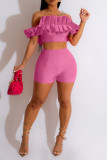 Pink Sexy Solid Patchwork Fold Off the Shoulder Short Sleeve Two Pieces