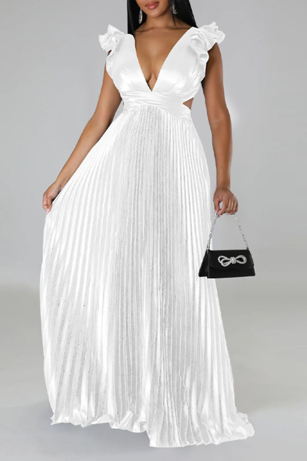 White Sexy Solid Patchwork Backless Fold V Neck Straight Dresses