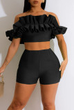 Pink Sexy Solid Patchwork Fold Off the Shoulder Short Sleeve Two Pieces
