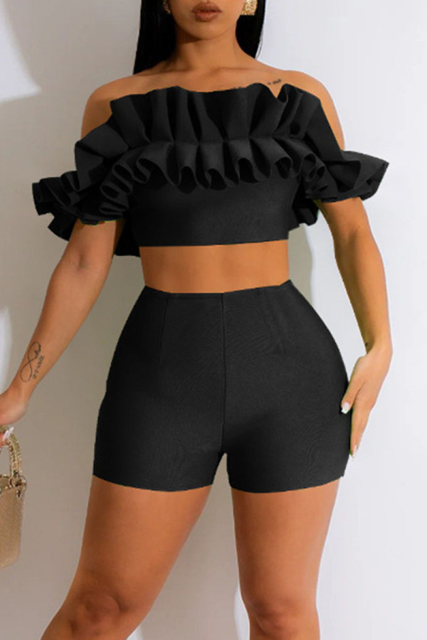 Black Sexy Solid Patchwork Fold Off the Shoulder Short Sleeve Two Pieces
